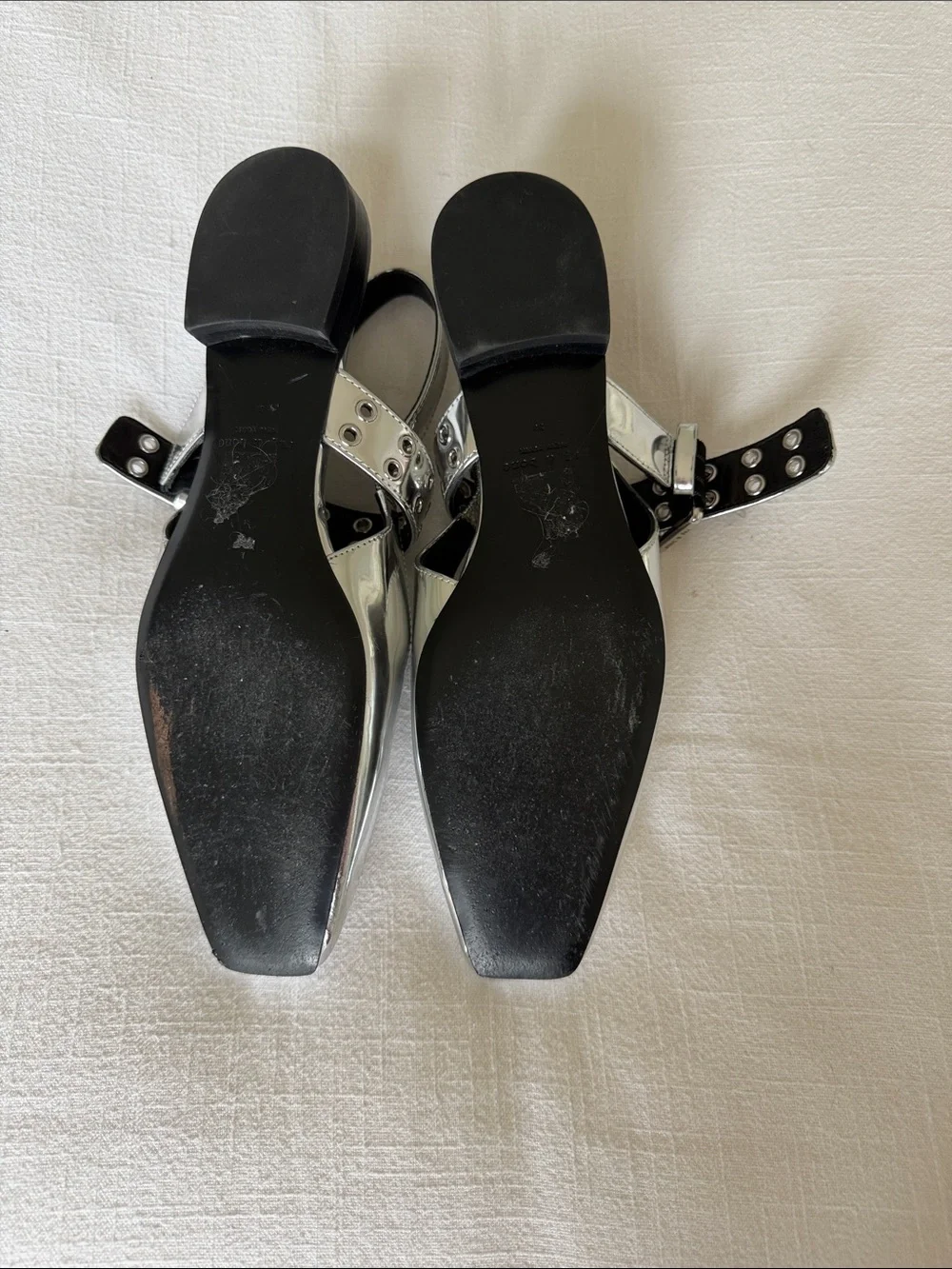 Rag & Bone Metallic Silver Square-Toe Slingback Mules with Grommet Strap